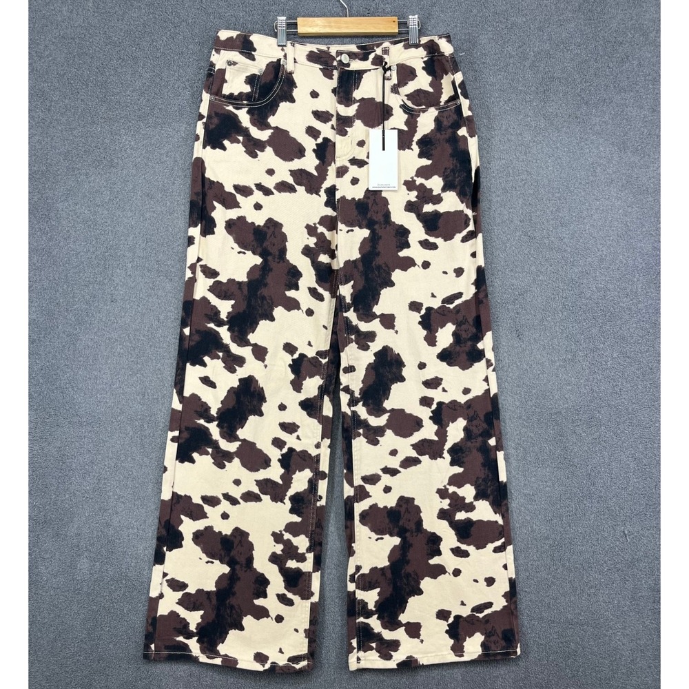 OAT New York Wide Leg Jeans Womens 12/31 Brown Cow Print High Rise Western Rodeo